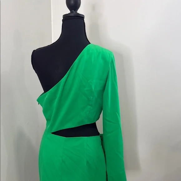 Green Asymmetrical One-Shoulder Bodycon Dress with waist tie and cut outs size L - Picture 8 of 11